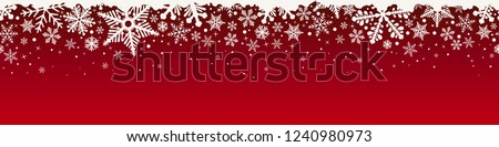 Abstract Christmas top snowflake seamless border red backdrop. Background with white snowflakes and copy space. Vector illustration.