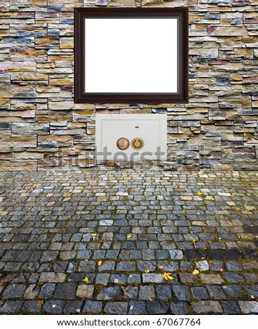 safe frame nice decorative stone wall and old time brick pavement collage contrast old cobbles and new  decorative stones