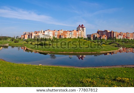 Belarus Minsk view of a new  Uruchie micro-district architectural complex water channel and recreation zone