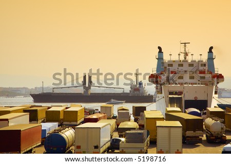 industry and commerce: trucks parked in a harbor