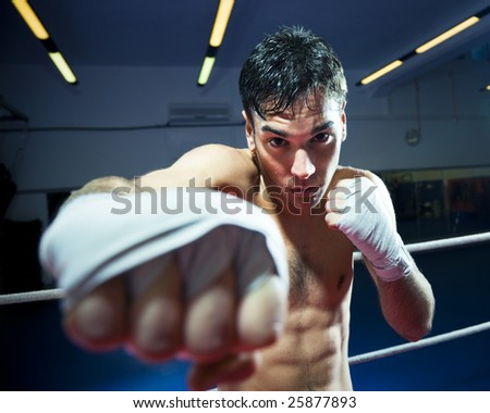 young adult man boxing in gym. Copy space