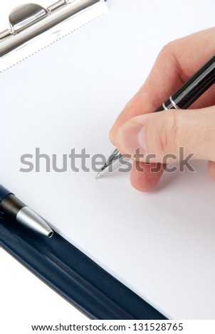 Hand writing on an empty document in a clipboard isolated on white background