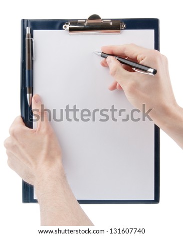 Hand writing on an empty document in a clipboard isolated on white background