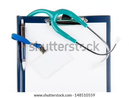 Empty medical identification tag with a stethoscope on empty document