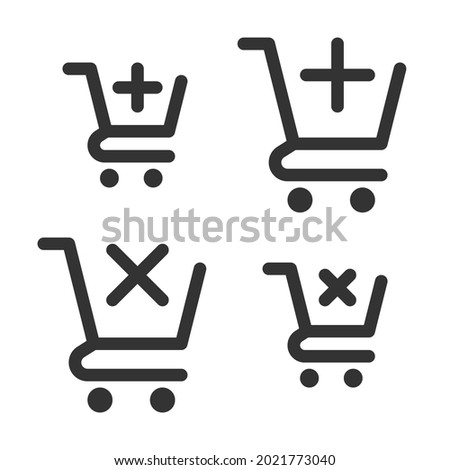 Pixel-perfect icons of shopping trolley with plus and delete signs (add and remove from cart) built originally on two base grids of 32 x 32 and 24 x 24 pixels. In one-color versions. Editable strokes