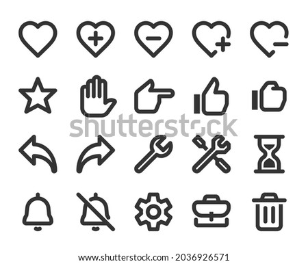 Collection of monochromatic pixel perfect icons: User interface. Set #2.  Built on  base grid of  24 x 24 pixels. The initial base line weight is 2 pixels. Editable strokes