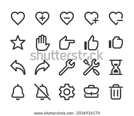 Collection of monochromatic pixel perfect icons: User interface. Set #2.  Built on  base grid of 32 x32  pixels. The initial base line weight is 2 pixels. Editable strokes