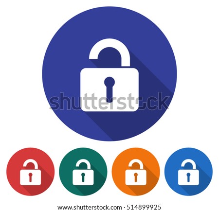 Round icon of unlocked padlock. Flat style illustration with long shadow in five variants background color 