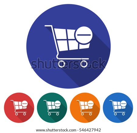 Round icon of shopping trolley with minus sign (remove from cart). Flat style illustration with long shadow in five variants background color 