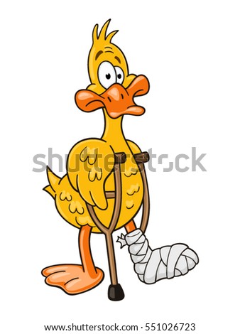 Lame duck with pair of crutches. Funny cartoon character