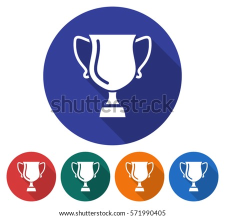Round icon of  winner trophy cup. Flat style illustration with long shadow in five variants background color       
