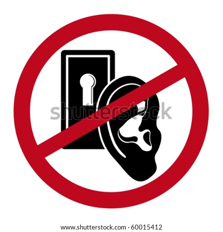 Human ear close by keyhole under prohibitive sign. Dichromatic simple icon