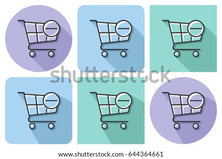 Outlined icon of  shopping trolley with minus sign (remove from cart)  with parallel and not parallel  long shadows   