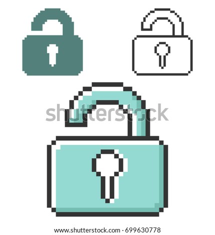 Pixel icon of unlocked padlock in three variants. Fully editable