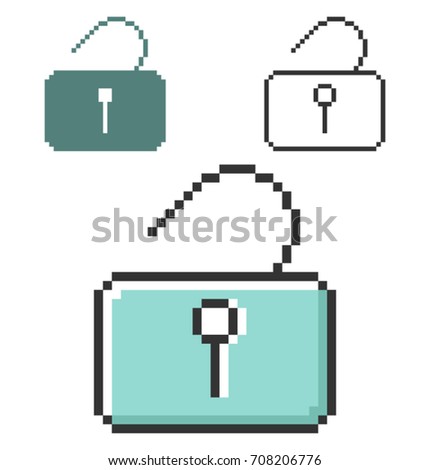 Pixel icon of unlocked padlock in three variants. Fully editable