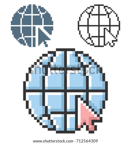 Pixel icon of  globe with pointer arrow (go to web) in three variants. Fully editable