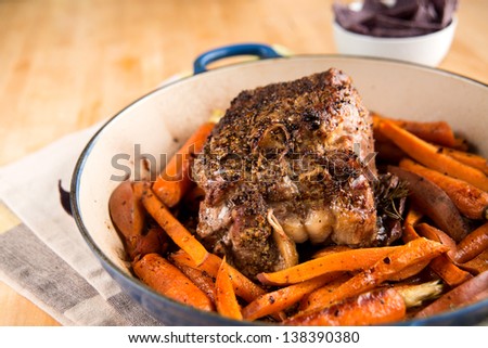 Oven Roasted Pork Shoulder in Enameled Pan with Carrots and Sweet Potatoes