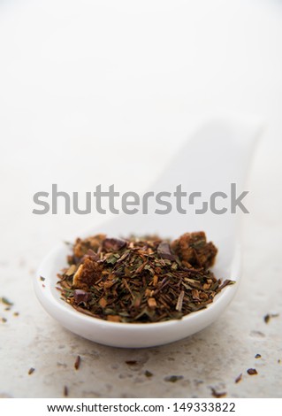 Organic Chocolate Rooibos Mint Loose Leaf Tea in Small Ceramic Spoon