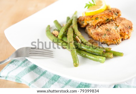 Vegetarian Salmon and Sweet Potato Cakes with Green Beans