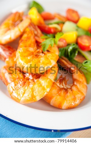 Wild Caught Jumbo Shrimps Fried and Served with Vegetables