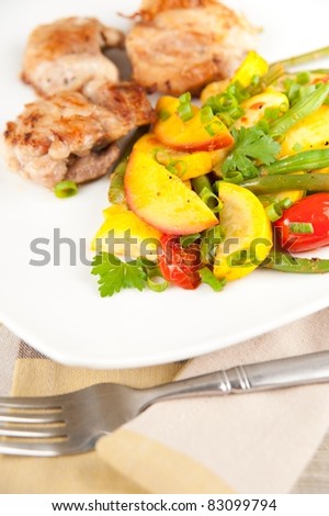 Sauteed Chicken Thight Served with Cooked Yellow Zucchini, Peaches, Green Beans and Tomatoes