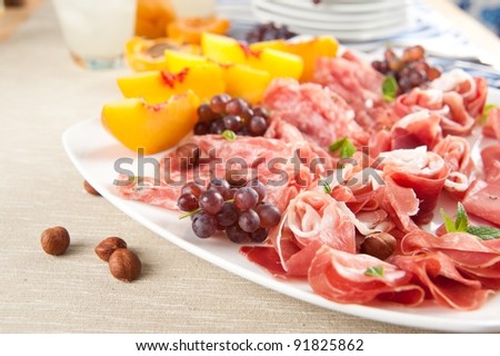 Party Platter of Assorted Cured Meats, Fruit and Crackers