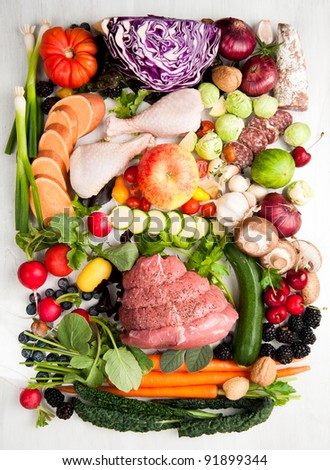 Assortment Of Various Healthy Foods. Vegetables, Meats, Fruit, Oil ...