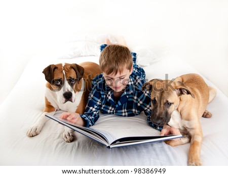 Young Boy Reading Book to His Dogs
