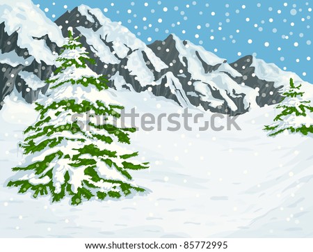 Winter landscape with snow covered mountains and fir trees