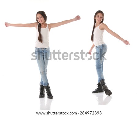 Collage of a lovely young girl doing a happy dance. Isolated on white background