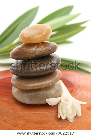 Balancing stones with leaves and white background