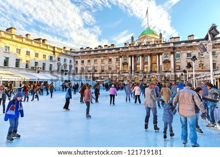 LONDON - DEC. 10 :  ice skating Christmas rink pictured on December 10, 2012, in London, England. The ice skating rink at Somerset house opens every year in December at Christmas time in London.