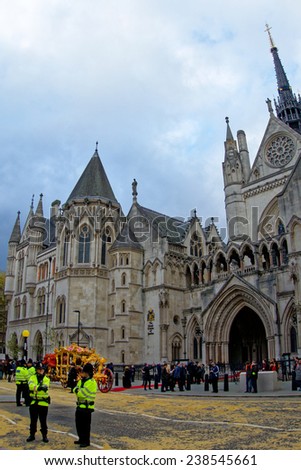 LONDON - NOV 14 : the royal court of justice pictured during the Mayor Parade on November 14th, 2014, in London. Also called the Law Courts, it was built in 1870 and opened by Queen Victoria in 1882.