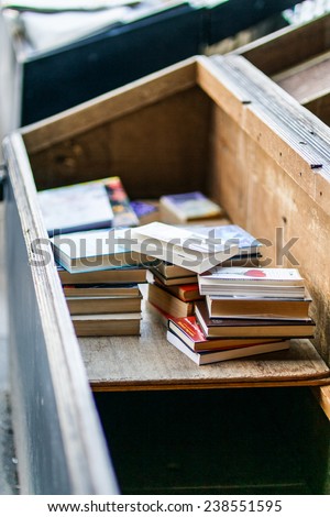 LONDON - DEC 14: close up of books pictured on December 14th, 2014, in London. The Southbank Centre\'s Book Market is one of London\'s best kept secrets.  Tucked under the Waterloo Bridge.