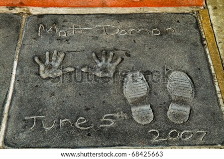 HOLLYWOOD, CA - OCT 14 : Footprints and hand prints of \