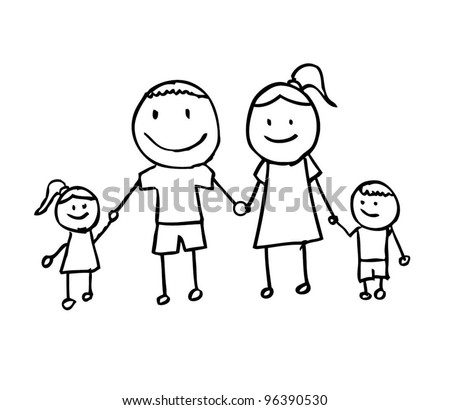 Happy Family With Father,Mother, And Son Holding Hand, Cartoon Doodle ...