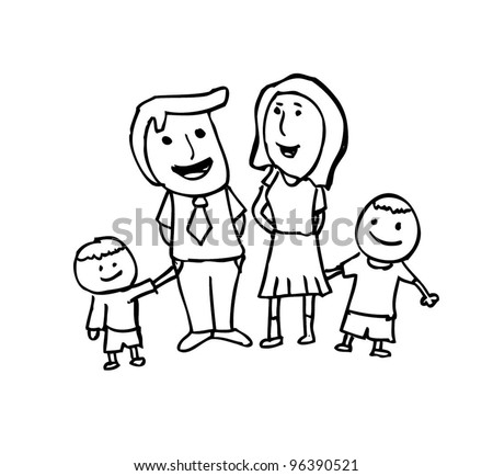 Happy Family With Father,Mother, And Son Holding Hand, Cartoon Doodle ...