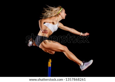 Similar – Image, Stock Photo Strong sportswoman jumping over sandy hill