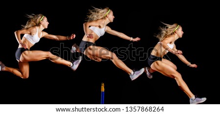 Similar – Image, Stock Photo Strong sportswoman jumping over sandy hill