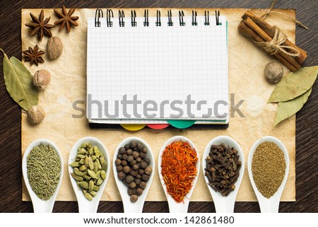 Notebook on old sheet of paper with various kinds of spices