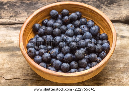 Fresh wild berries in clay bowl on wooden background. Blackthorn berry