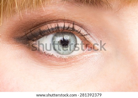 Female eye make up close up image. Young woman's eyelashes and iris macro image