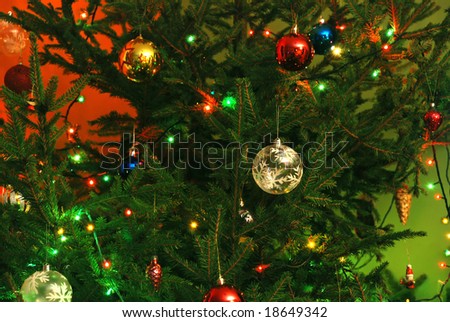 new year tree background with balls and lamps