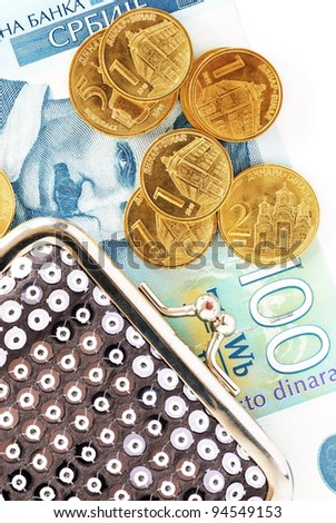various serbian dinars coins over hundred banknote and silver purse