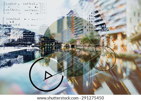 background of architecture with geometric elements, sketched and double exposure