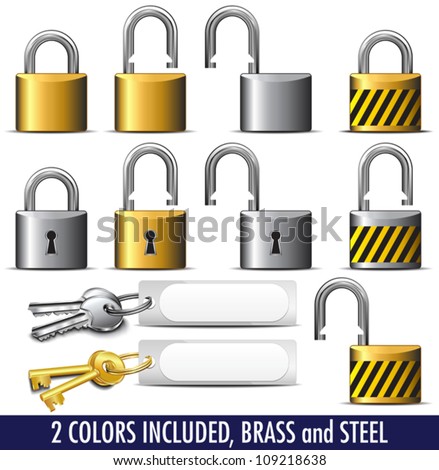 Padlock and Key in Brass and Steel - All items in the vector file are on individual layers