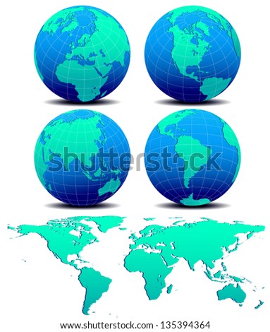 Four Global Worlds and Map - SET ONE - Vector Map of the World Globe on a white background - The base map is from Nasa and Hand drawn using the pen tool for maximum detail