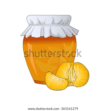 Citrus jam in glass jar. Home canning. Sweet treat for tea. Preparations for winter. Slices of tangerine. Orange slices. Vector.