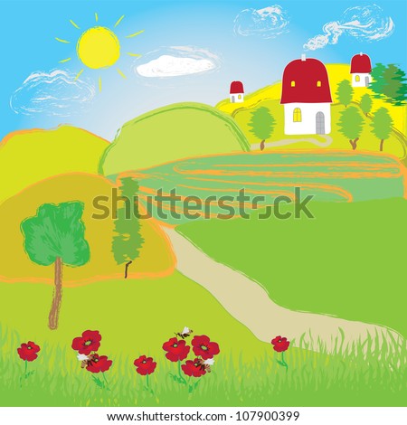Summer landscape with sun, fields, trees and houses