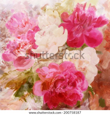 Floral vintage greeting card with bouquet of peony on grunge stained colorful background